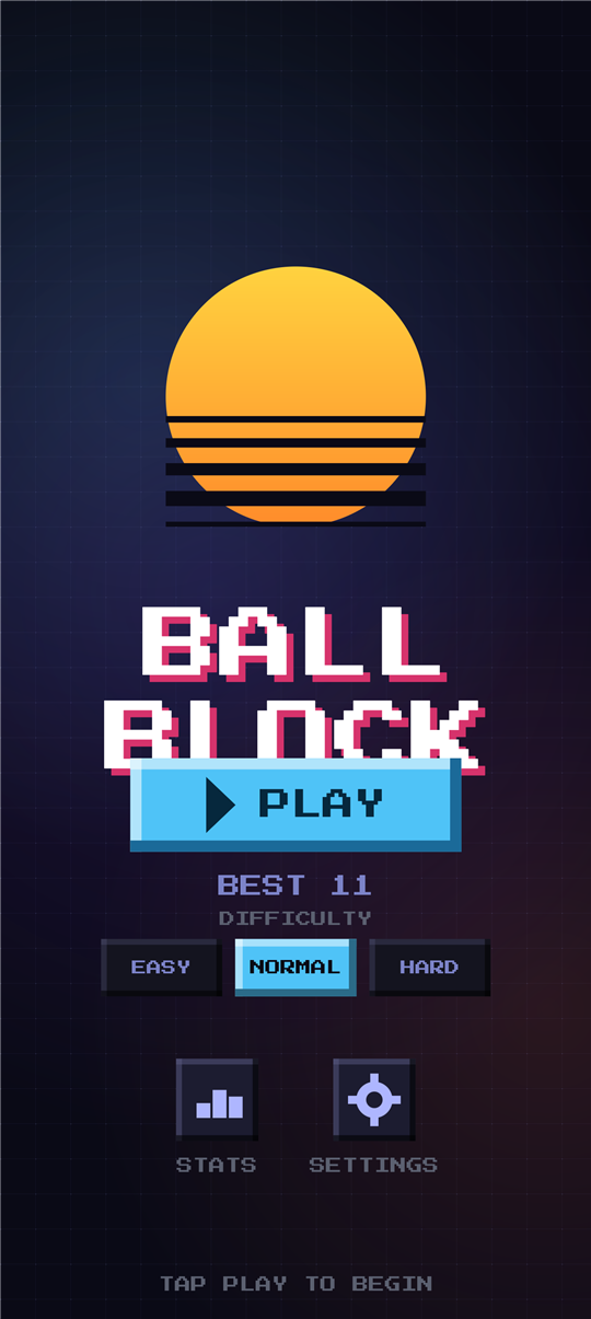Ball Block Cascade title screen with the retro sun and difficulty selector